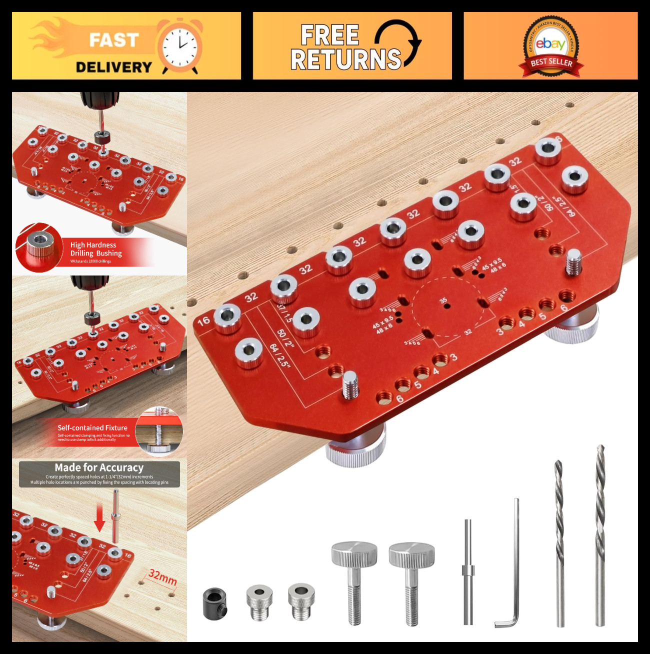 Adjustable 2-in-1 Shelf Pin & Hinge Jig for 5mm/1/4″ Holes – DIY Cabinet Tool
