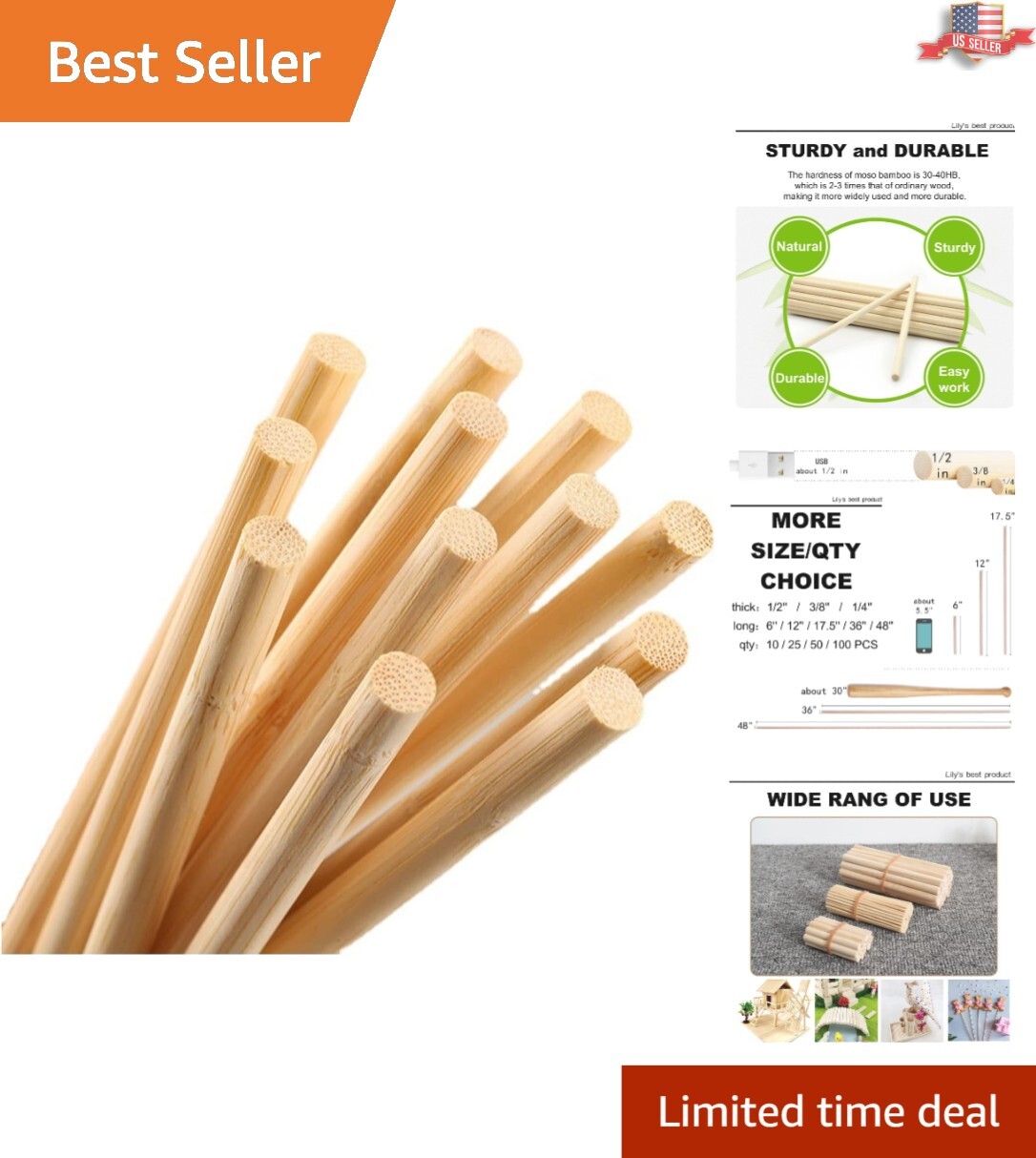 Durable 36 Inch Bamboo Wooden Sticks – 50 Piece Dowel Rod Assortment for Crafts
