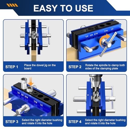 Self-Centering Dowel Jig Kit – Adjustable Drill Guide for Straight Holes, 6 Bush