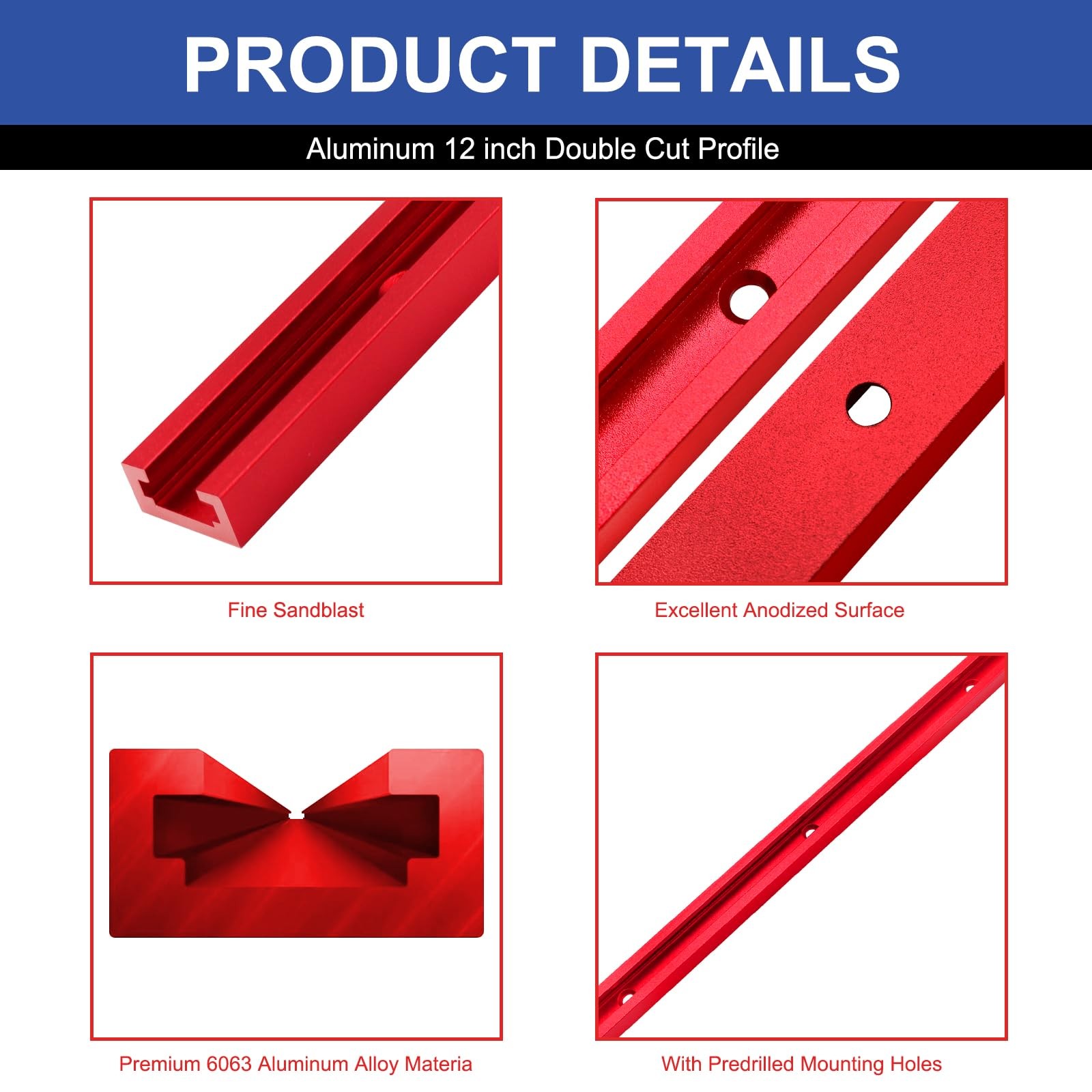 8 PCS Red 12 Inch Aluminum T Tracks Woodworking Double Cut Profile Universal