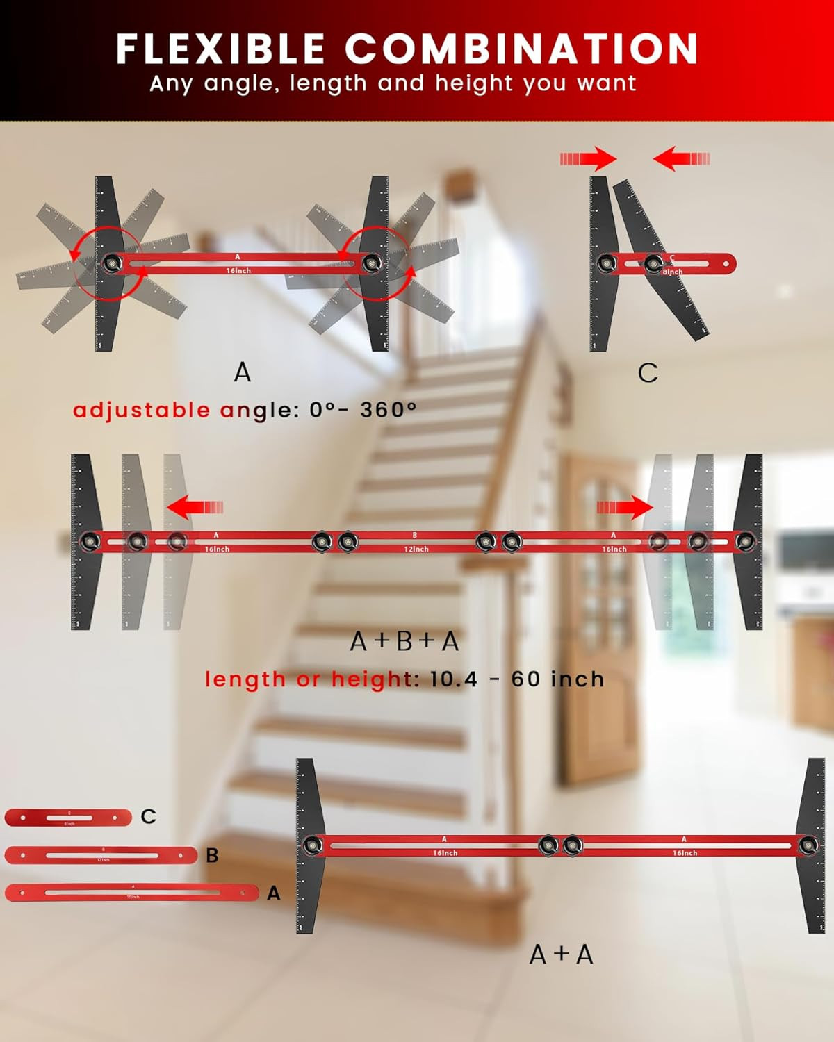 TANYO Stair Tread Template Tool, 8″ to 60″ Aluminum Stair Tread Jig for Accurate