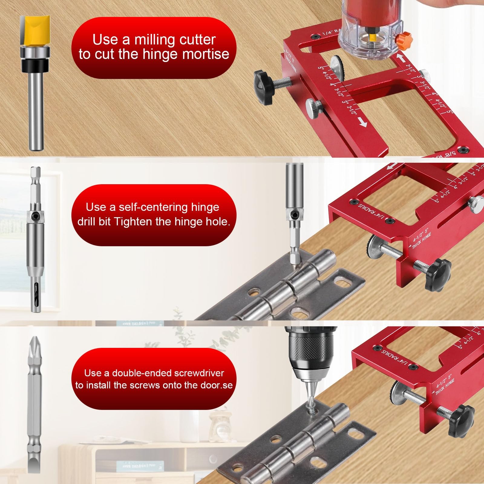 Door Hinge Jig, Aluminum Alloy Door Hinge Template Kit for Router, Adjustable Mo