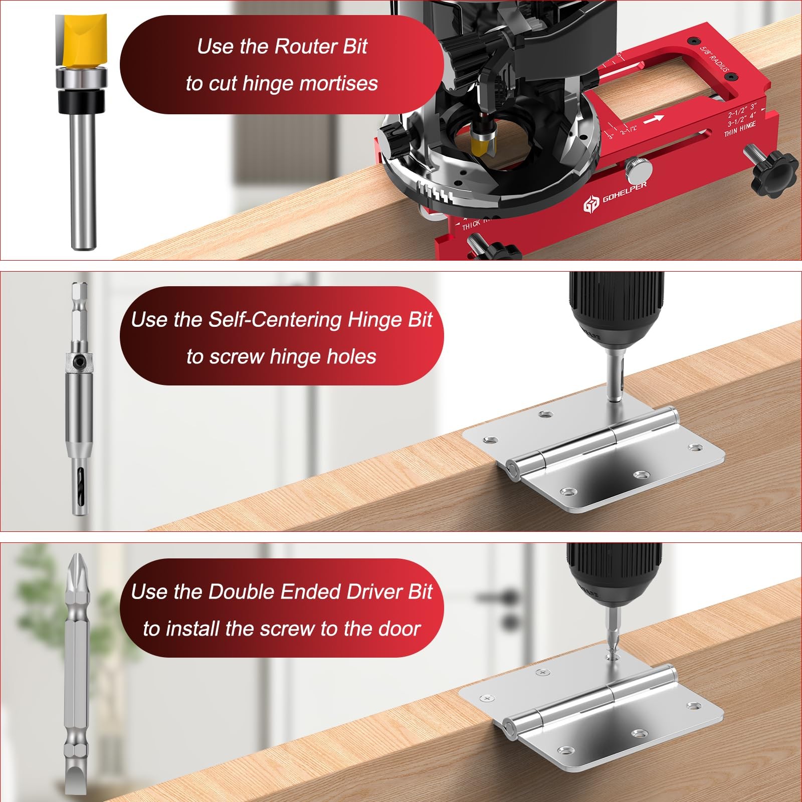 Door Hinge Jig Door Hinge Template Kit for Router Red One Adjustable Mortise Jig