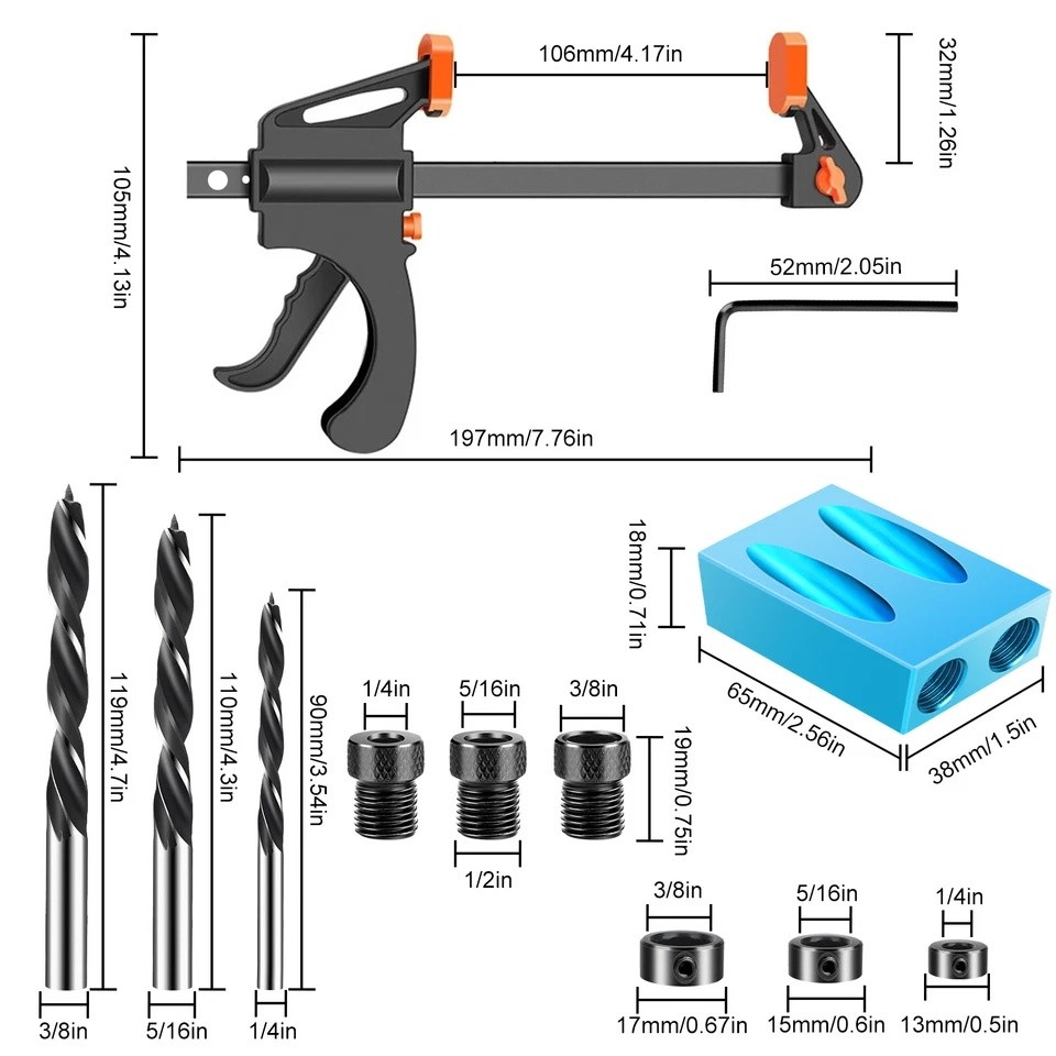 15Pcs Pocket Hole Jig 15 Degree Angle Oblique Hole Locator Dowel Drill Guide Kit