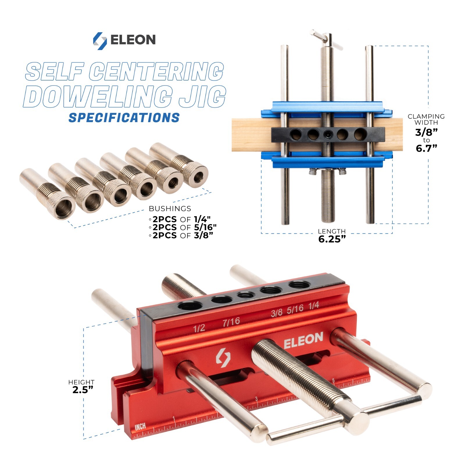 Eleon Self Centering Dowel Jig with Elongated Jaws & Extra Wide Clamp up to 6.7″