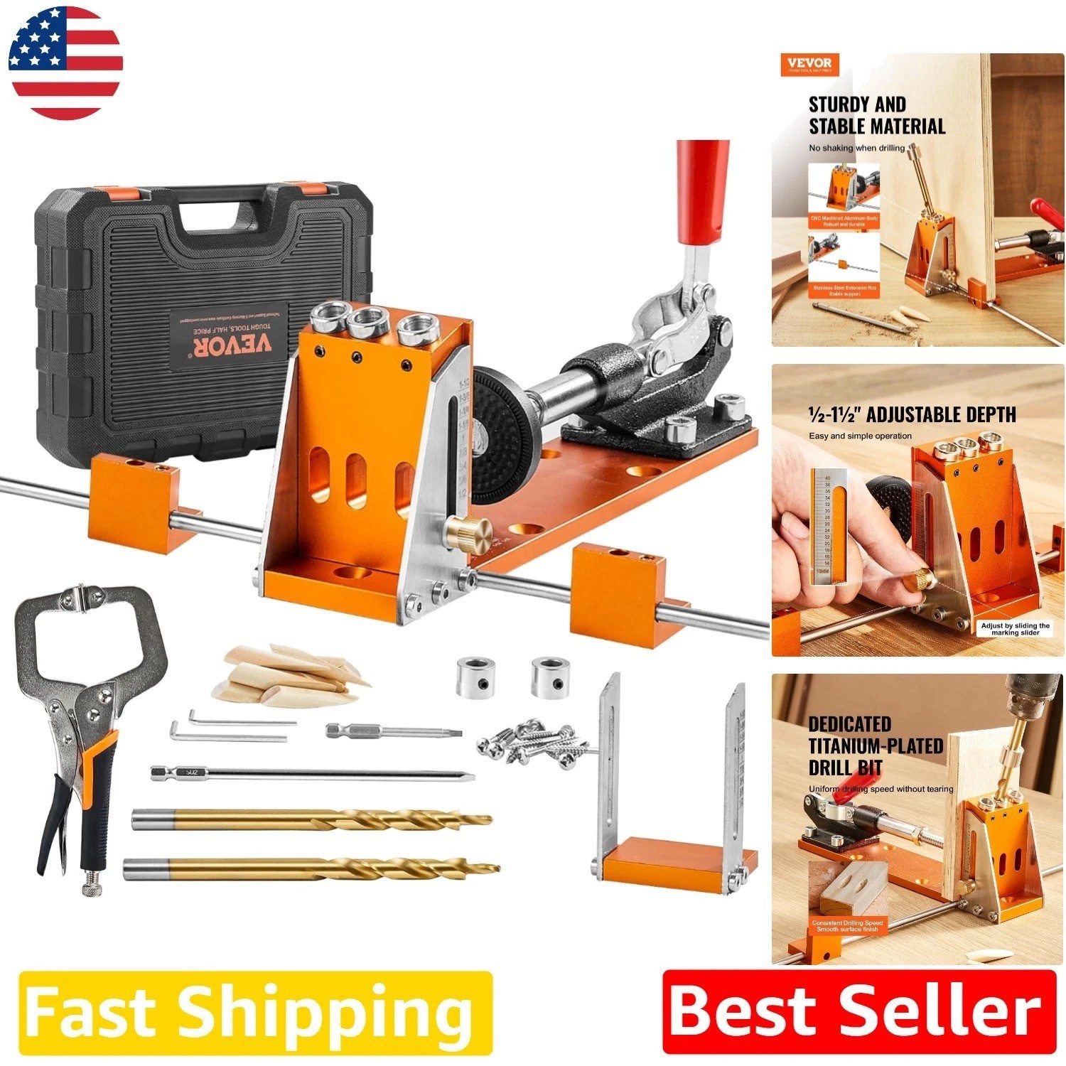 Pocket Hole Jig Kit: 34 Pcs CNC Aluminum, Adjustable, Stable Drilling