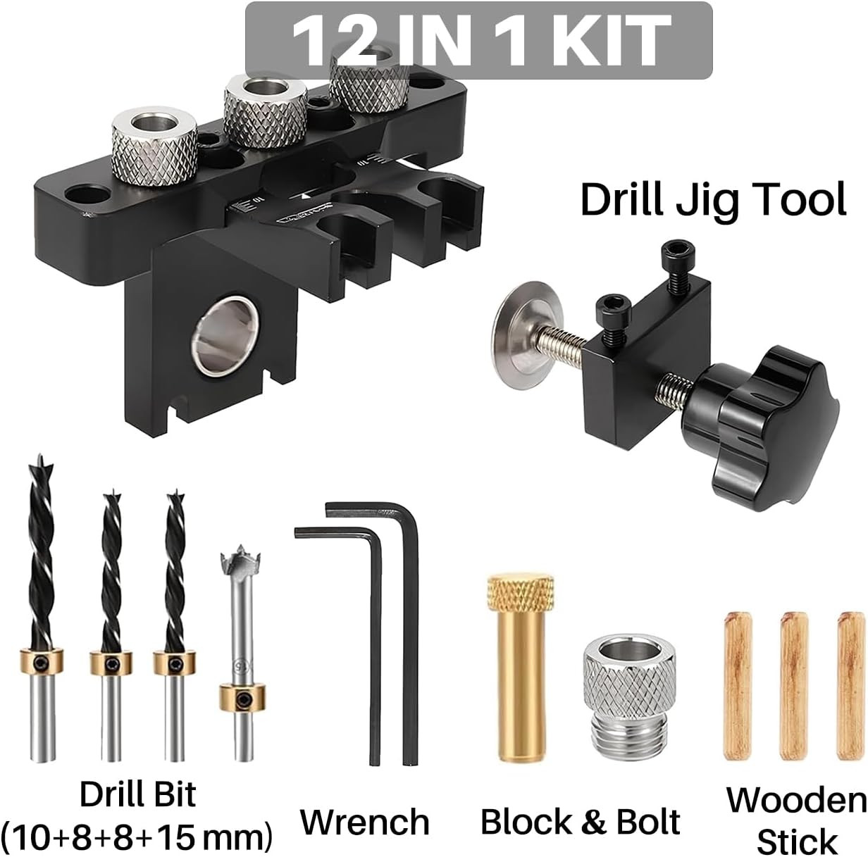 8/10/15Mm Dowel Jig Kit for Woodworking, 3-In-1 Adjustable Doweling Jig with Sc