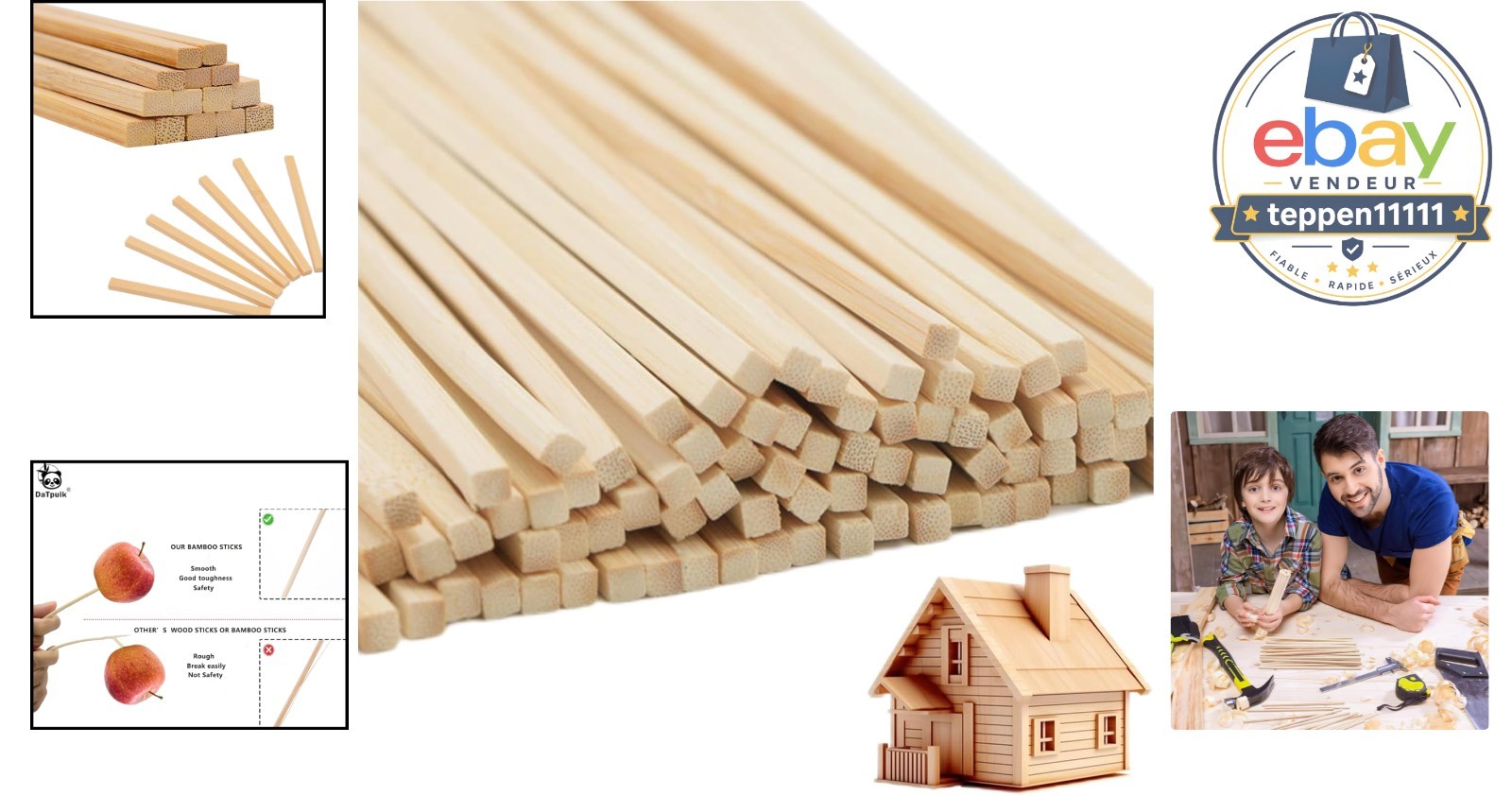 1/4 x 12 Inch Square Dowel Rods 50 PCS Wooden Sticks Unfinished Bamboo
