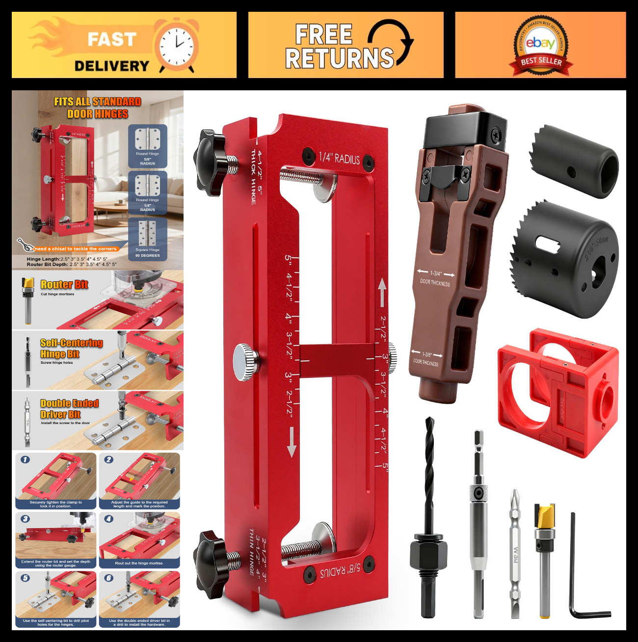 All-in-One Door Hinge Jig & Lock Installation Kit – Aluminum Router Template, Mo