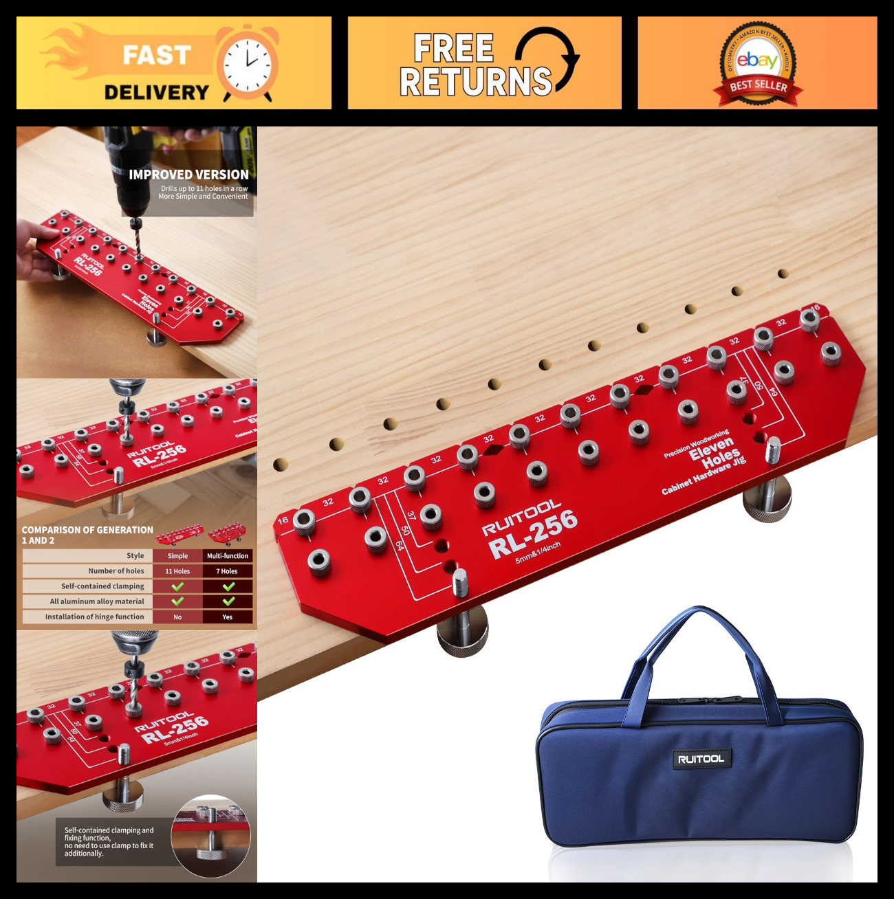 All-Metal Shelf Pin Jig with 11 Holes, Clamping Function & Drill Bits – Cabinet