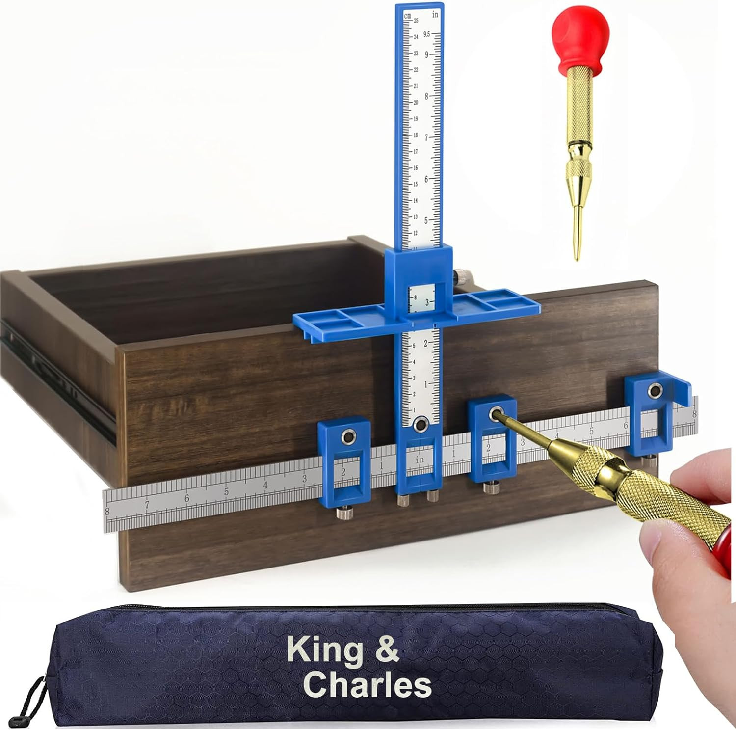 Cabinet Hardware Jig, Cabinet Handle Jig with Automatic Center Punch on Drawer
