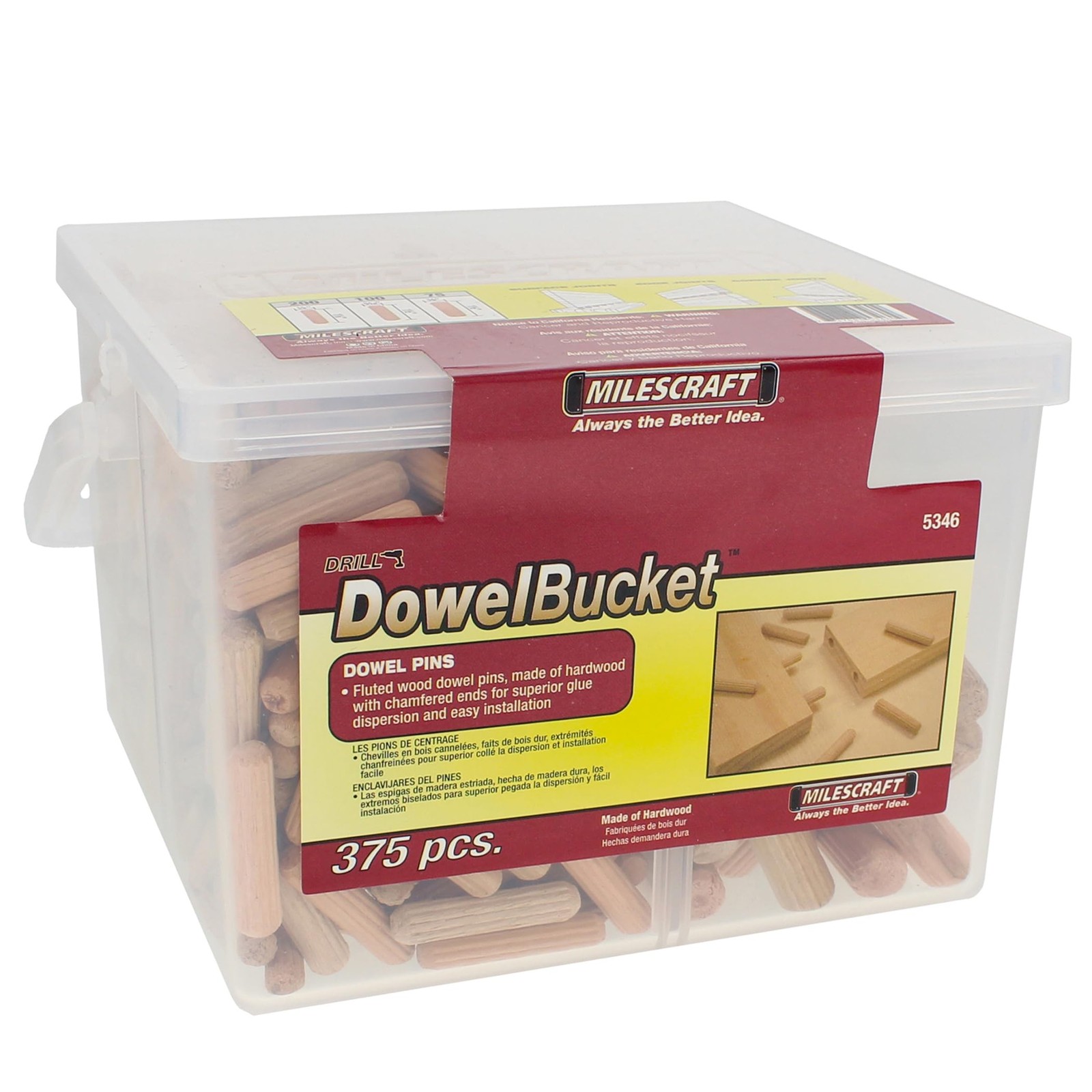 5346 Wooden Dowel Bucket – 375 pcs Total – 1/4”, 5/16” & 3/8”