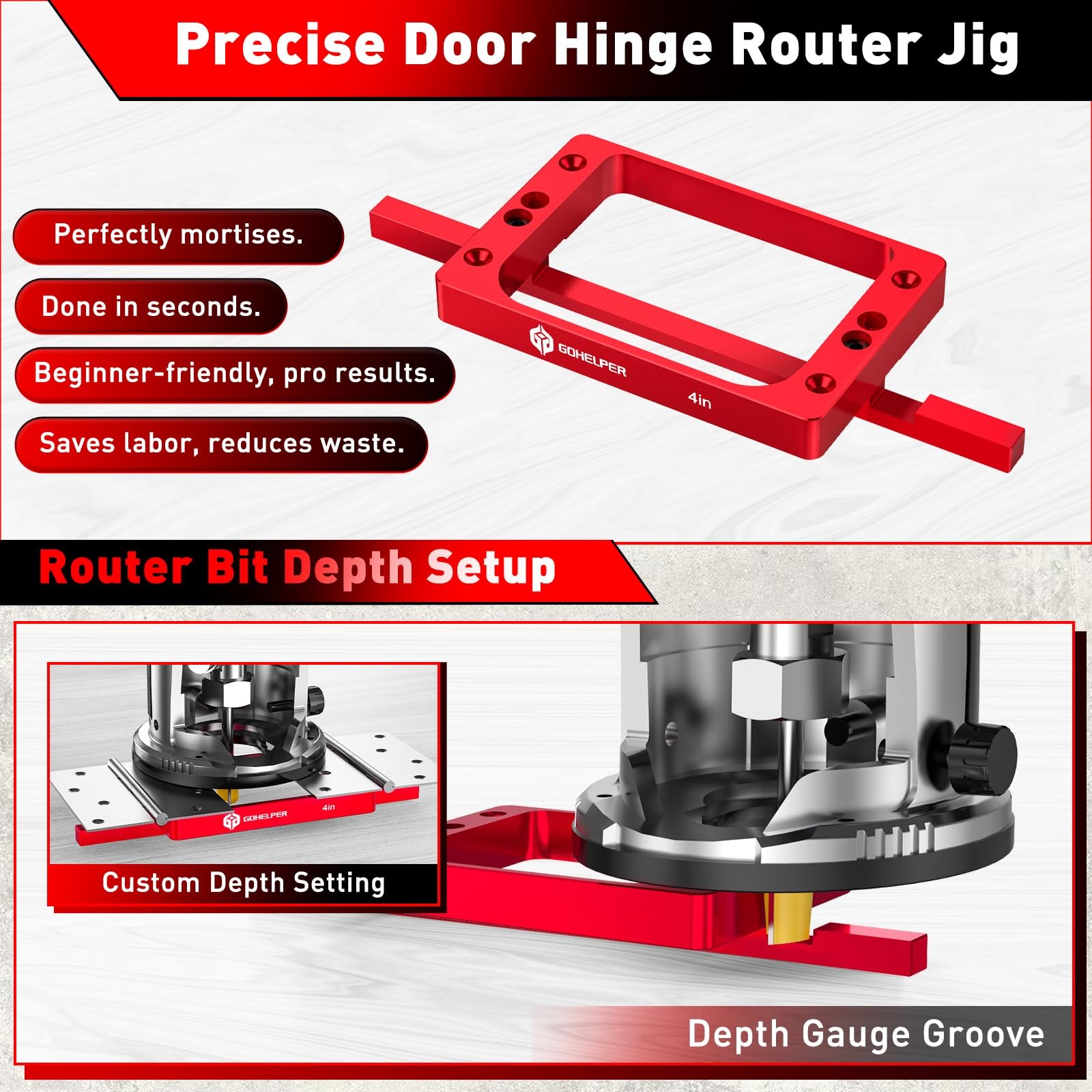 4Inch Door Hinge Jig Template Kit Mortise Fits 1/4Inch 5/8Inch R Corners